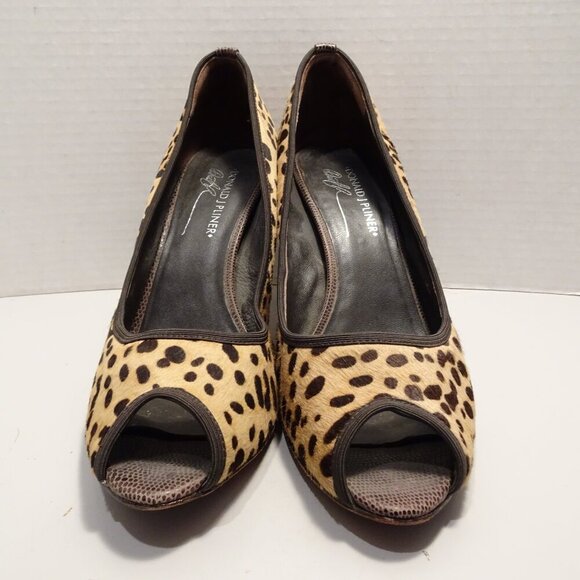 Donald J Pliner Peep-Toe High Heels Calf Hair Size 9.5 Leopard Print Brown - Picture 2 of 5